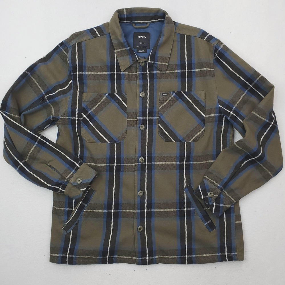 RVCA Shirt Jacket Mens Large Green Blue Plaid Lined Flannel Shacket Button Front